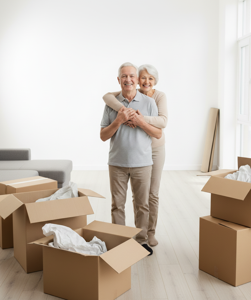 Happy senior couple in their Prince Frederick home preparing for a stress-free move